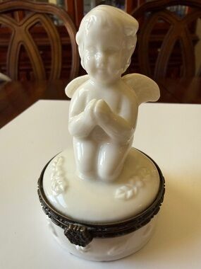 White porcelain hinged Cherub Angel figurine trinket box